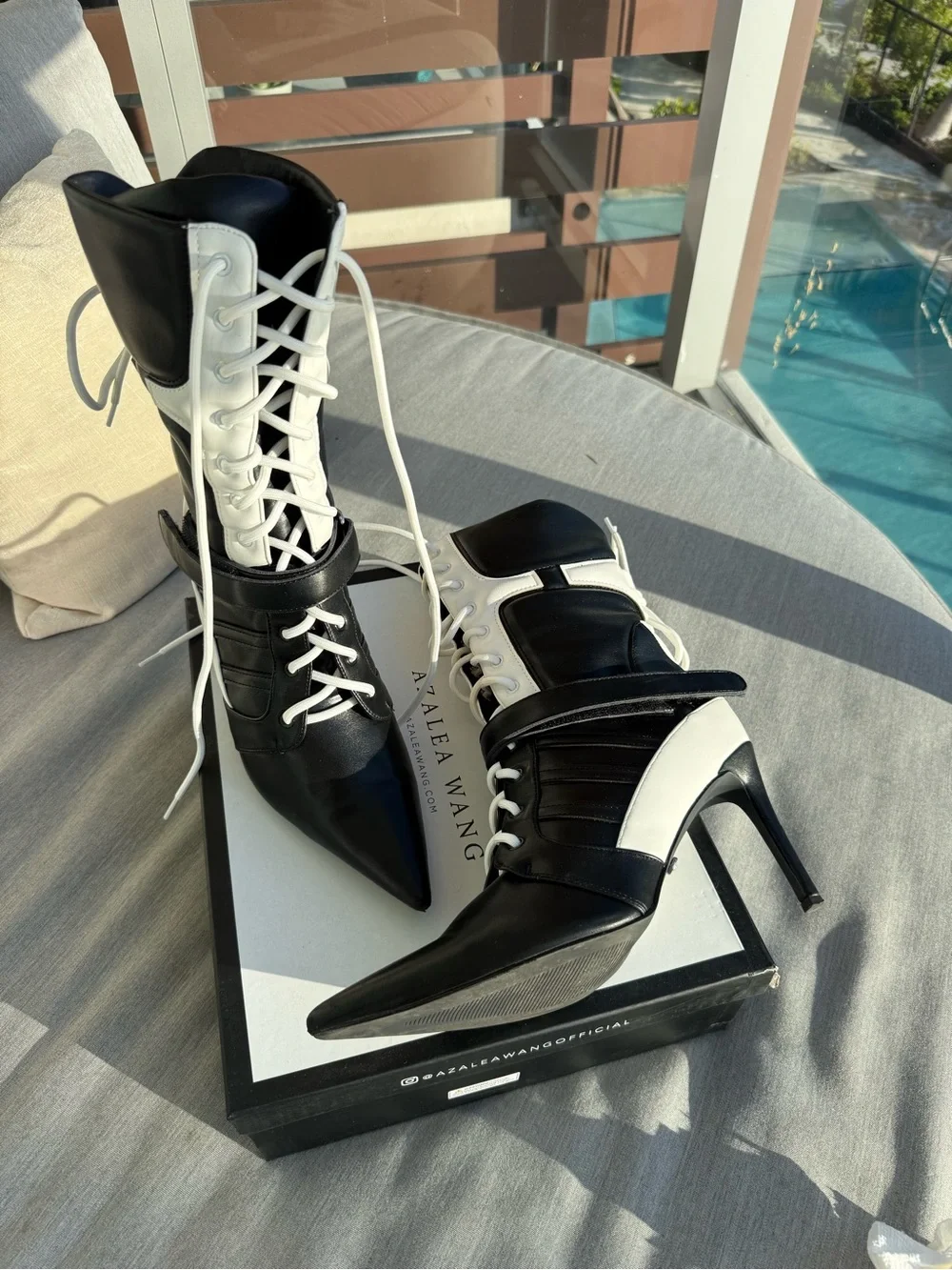 Black & White Lace-Up Pointed Stiletto Boots by Azaïa Wang - Picture 1 of 6